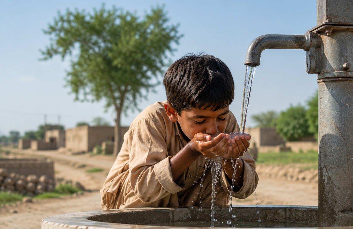 Child drinking clean water from pump, rural Pakistan